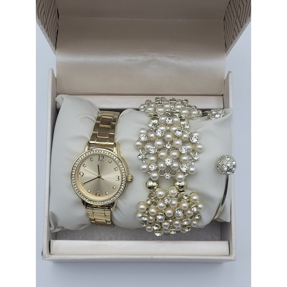 NIB Folio Gold Faux Diamond Encrusted Watch & Bracelet Set